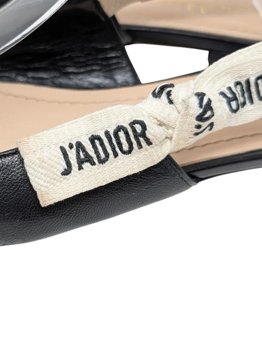 Dior J'Adior Black Leather Slingback White Ribbon Pointed Toe Flats Size EU 38.5